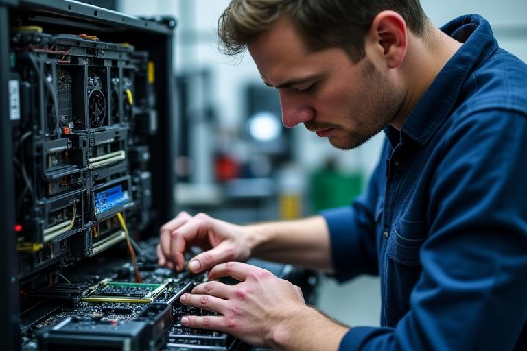 Technicus bezig met het assembleren van een GPU mining rig